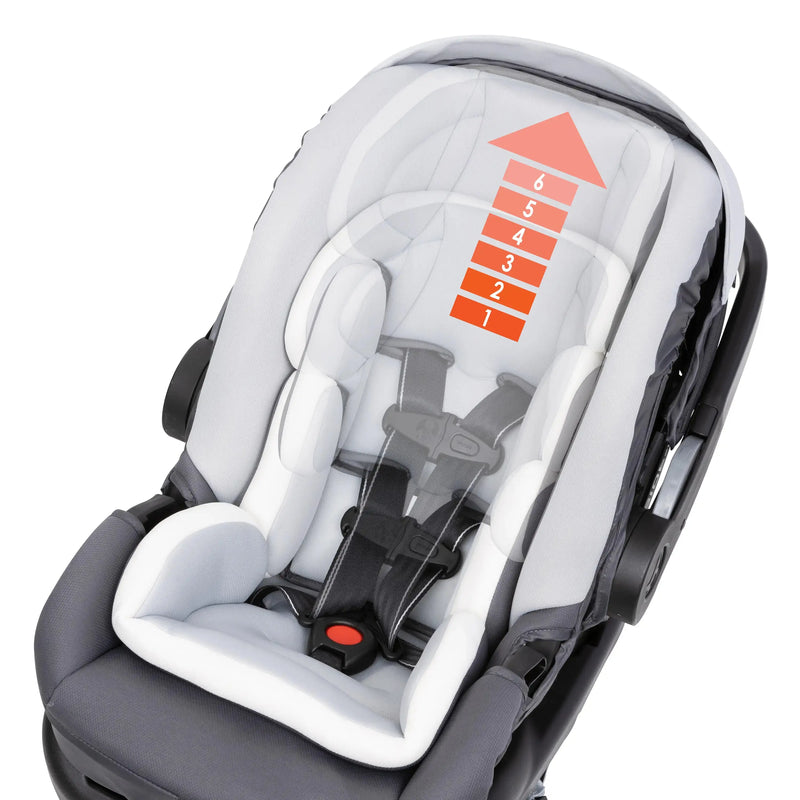 Easy no rethread harness to adjust shoulder height on the Baby Trend Secure-Lift Infant Car Seat