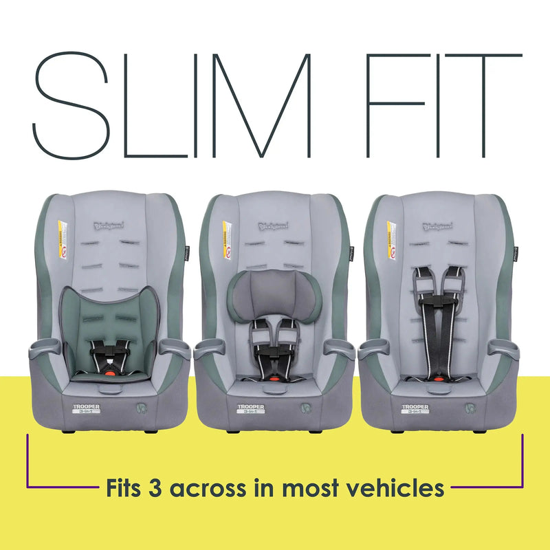 Slim fit, fits 3 across in most vehicles of the Baby Trend Trooper 3-in-1 Convertible Car Seat