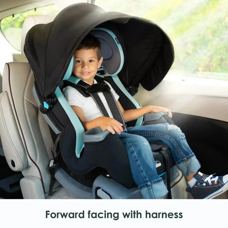 Baby Trend Cover Me 4-in-1 Convertible Car Seat in Desert Blue forward facing with harness toddler