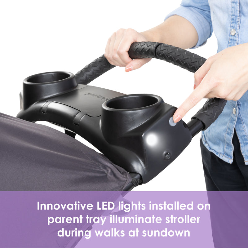 Baby Trend XCEL-R8 PLUS Jogger Stroller with LED installed on parent tray illuminate stroller