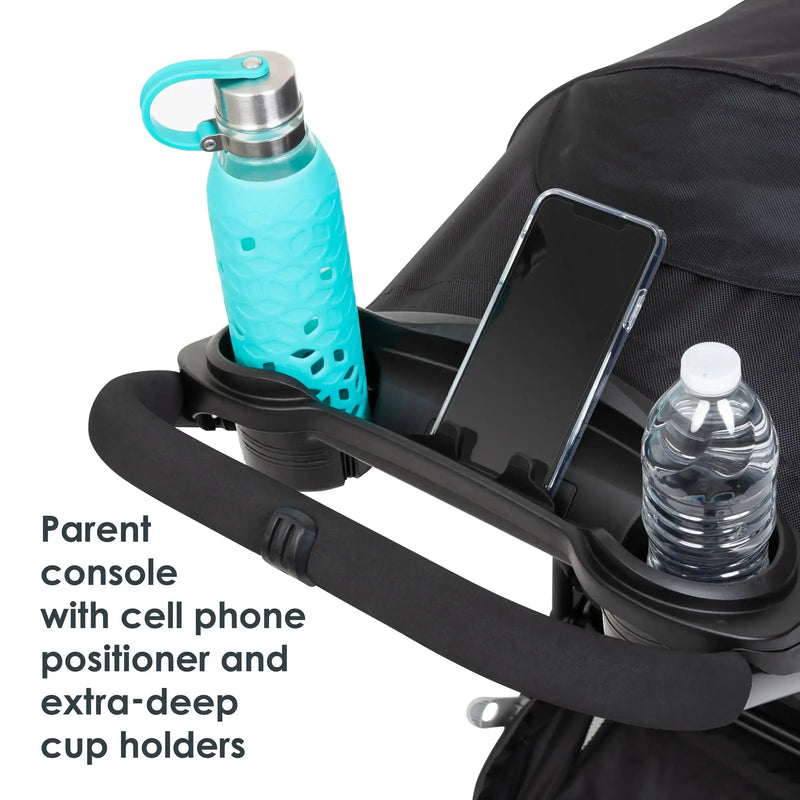 Baby Trend Tango Stroller parent console with cell phone positioner and extra deep cup holders