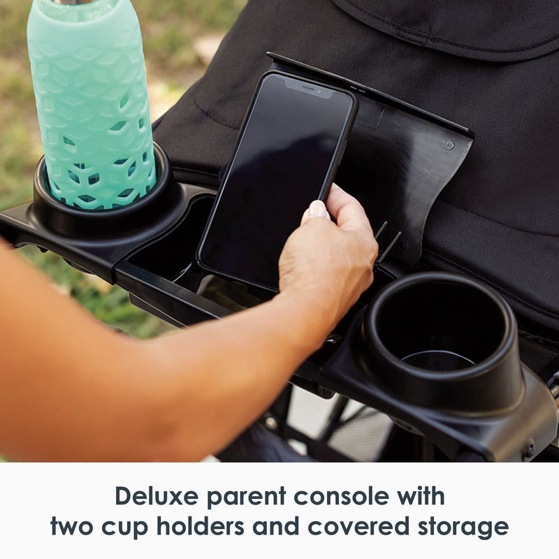 Deluxe parent console with two cup holders and covered storage
