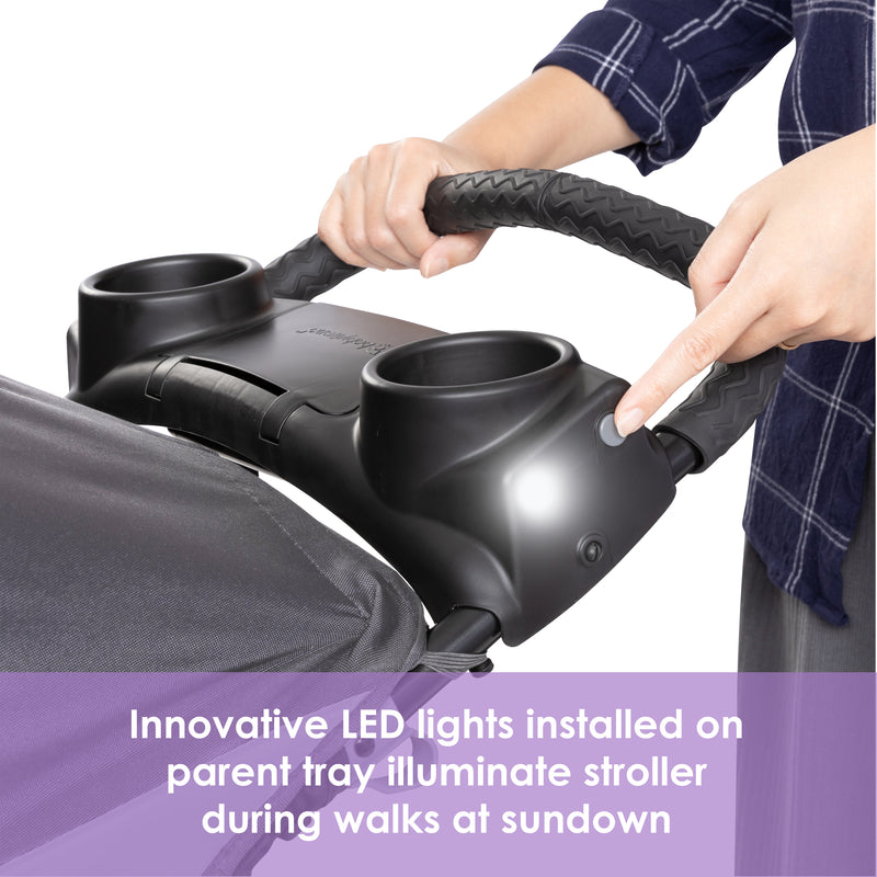 Baby Trend Expedition Zero Flat Jogging Stroller innovative LED lights installed on parent tray illuminate stroller during walks at sundown