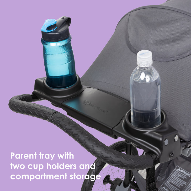 Baby Trend Expedition Zero Flat Jogging Stroller parent tray with two holders and compartment storage