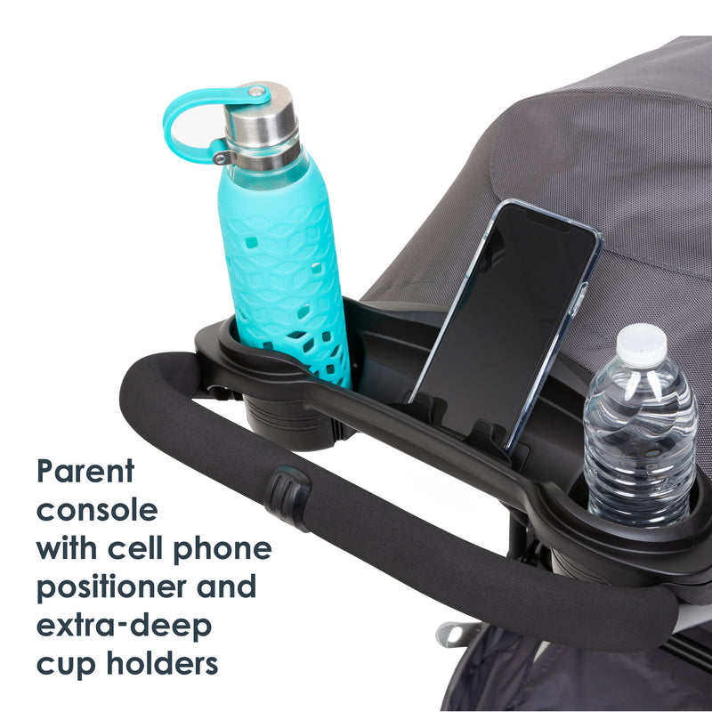 Baby Trend Tango Stroller parent console with cell phone positioner and extra deep cup holders