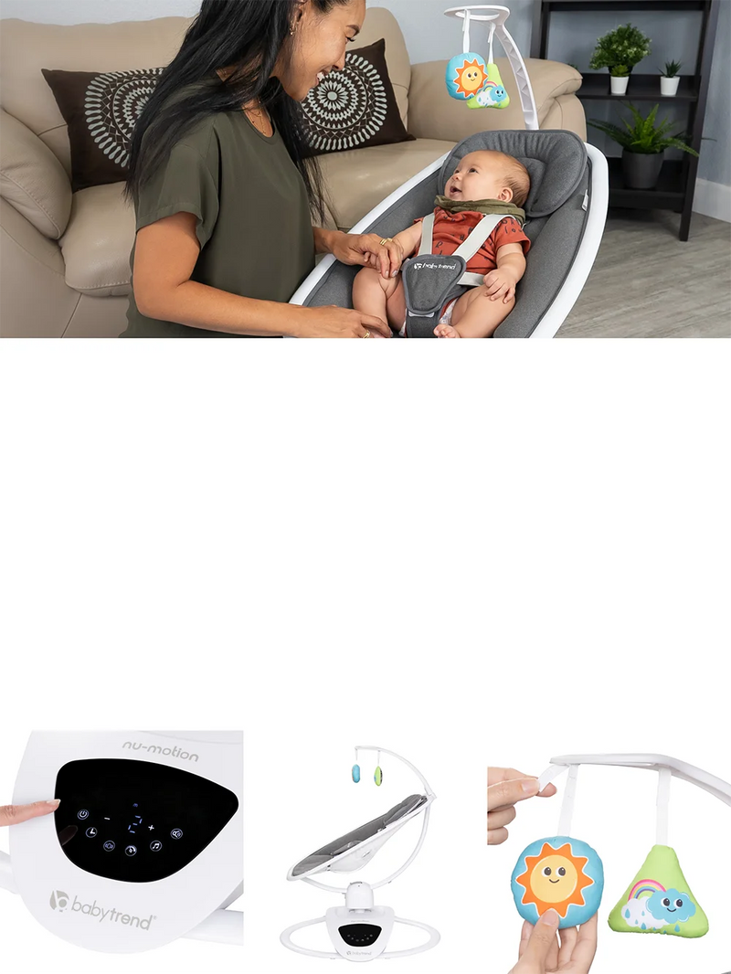 A mom is attending to her baby sitting in the Baby Trend NuMotion Infinity Swing