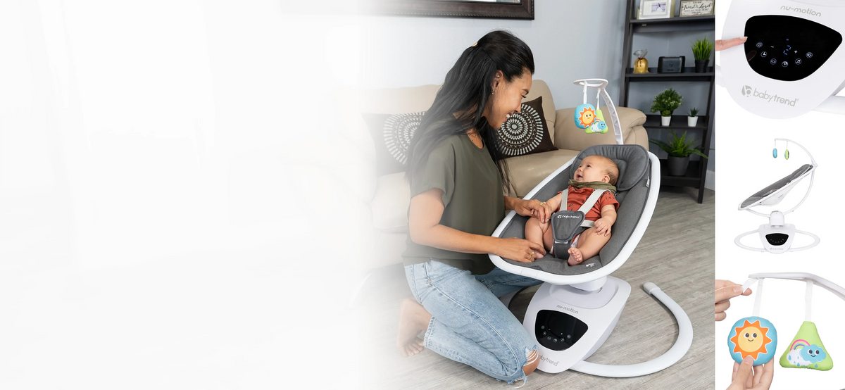 A mom is attending to her baby sitting in the Baby Trend NuMotion Infinity Swing