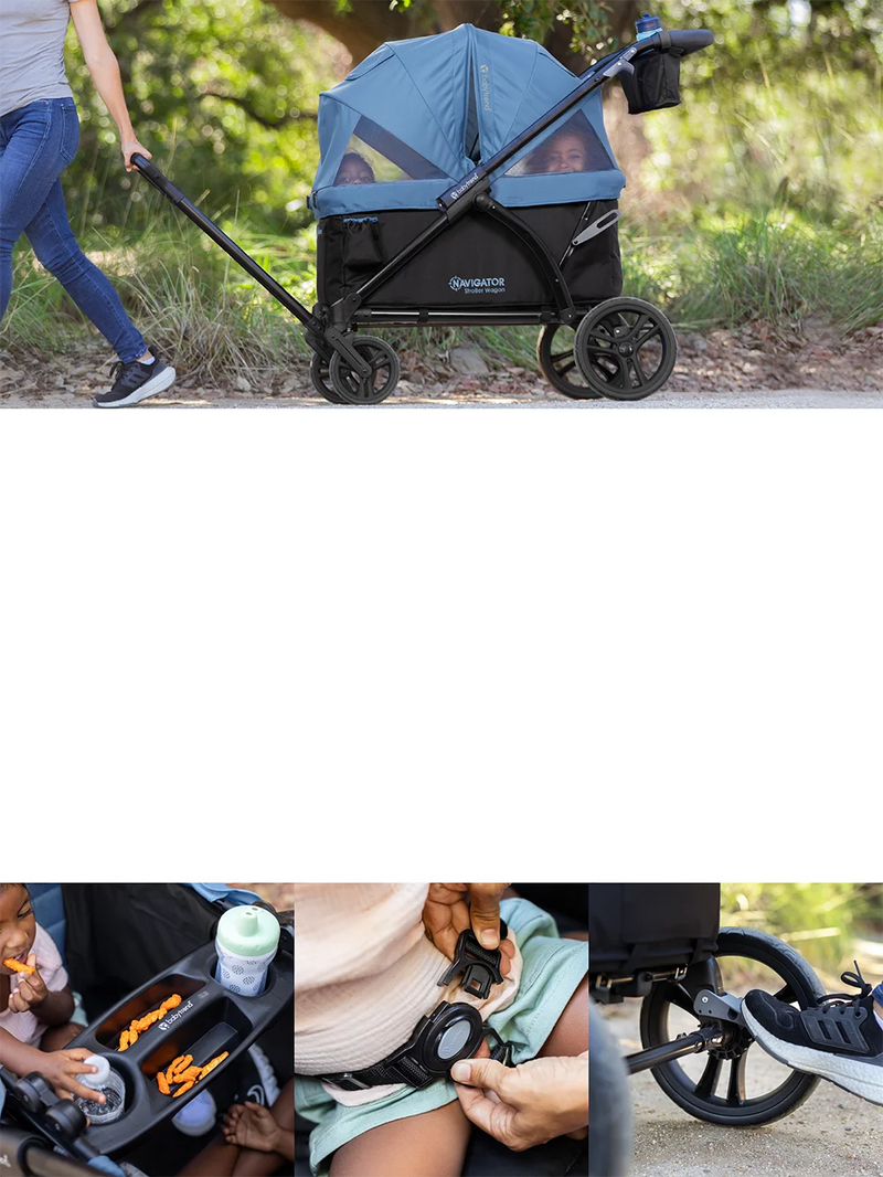 A mom is pulling her two children sitting in the Baby Trend Navigator 2-in-1 Stroller Wagon