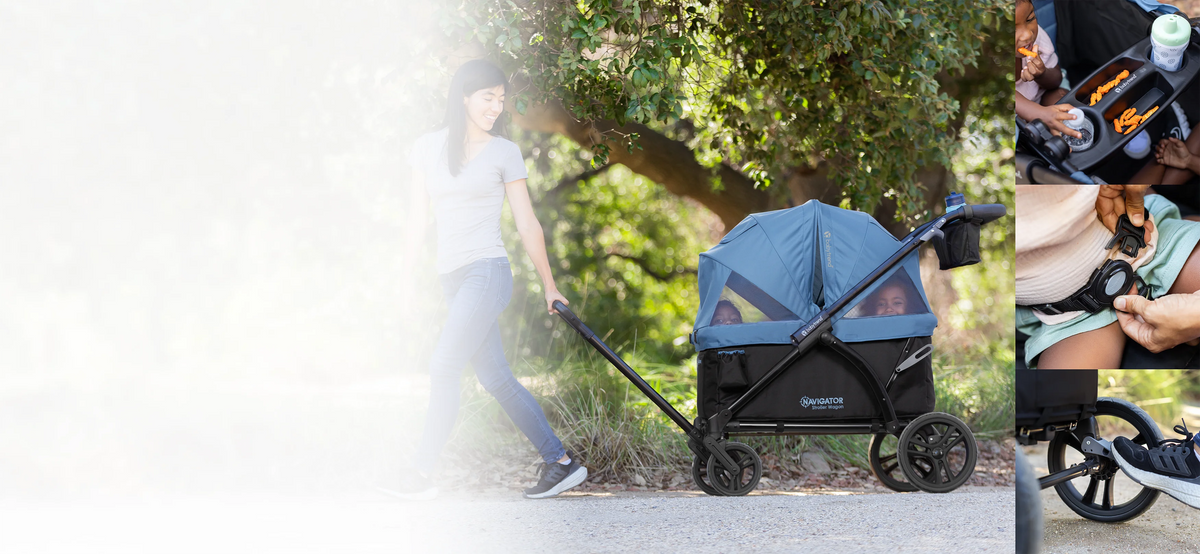 A mom is pulling her two children sitting in the Baby Trend Navigator 2-in-1 Stroller Wagon